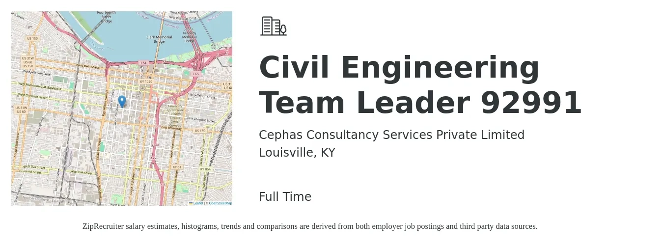 Cephas Consultancy Services Private Limited job posting for a Civil Engineering Team Leader 92991 in Louisville, KY with a salary of $64,900 to $94,600 Yearly with a map of Louisville location.