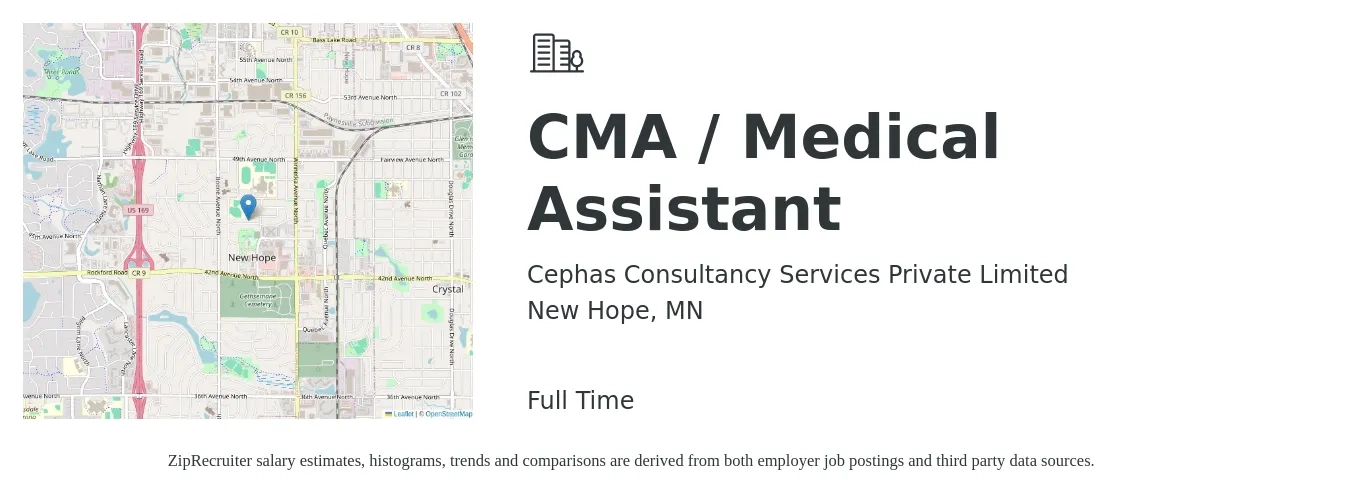 Cephas Consultancy Services Private Limited job posting for a CMA / Medical Assistant in New Hope, MN with a salary of $18 to $24 Hourly with a map of New Hope location.