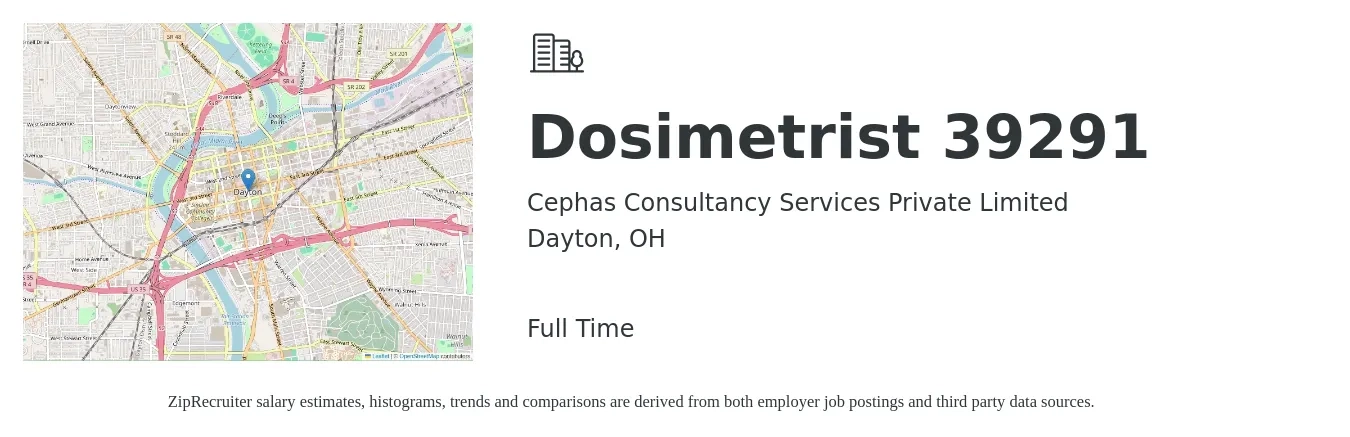 Cephas Consultancy Services Private Limited job posting for a Dosimetrist 39291 in Dayton, OH with a salary of $48 to $76 Hourly with a map of Dayton location.