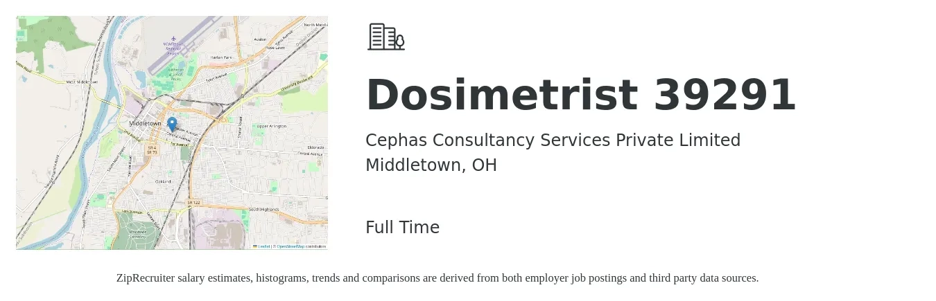 Cephas Consultancy Services Private Limited job posting for a Dosimetrist 39291 in Middletown, OH with a salary of $47 to $74 Hourly with a map of Middletown location.