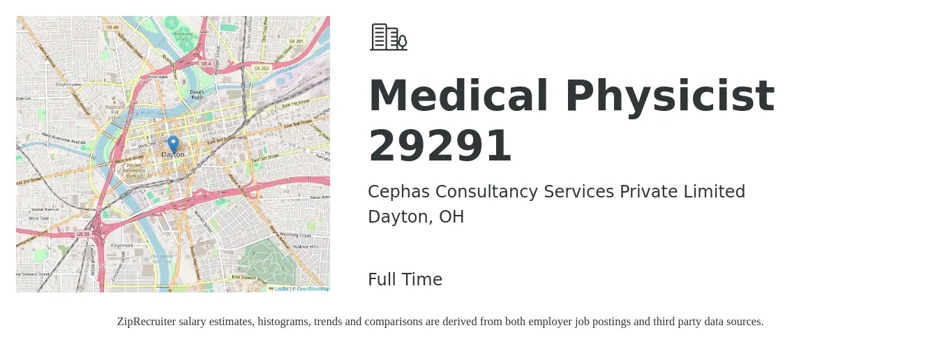 Cephas Consultancy Services Private Limited job posting for a Medical Physicist 29291 in Dayton, OH with a salary of $57,300 to $108,900 Yearly with a map of Dayton location.