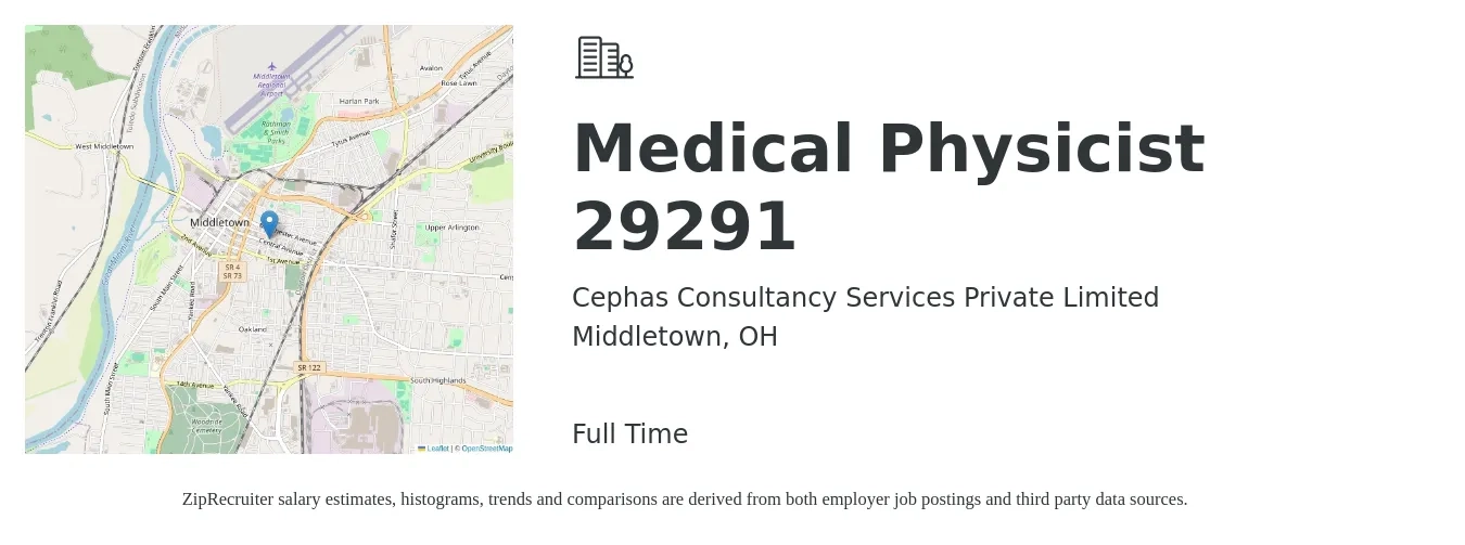 Cephas Consultancy Services Private Limited job posting for a Medical Physicist 29291 in Middletown, OH with a salary of $56,000 to $106,400 Yearly with a map of Middletown location.