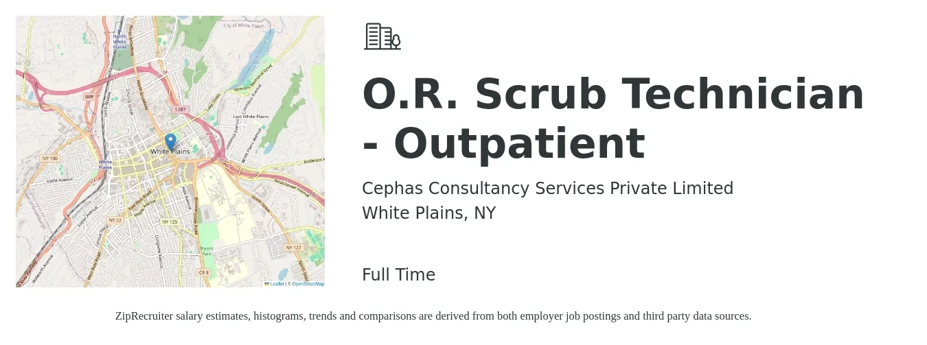Cephas Consultancy Services Private Limited job posting for a O.R. Scrub Technician - Outpatient in White Plains, NY with a salary of $26 to $50 Hourly with a map of White Plains location.