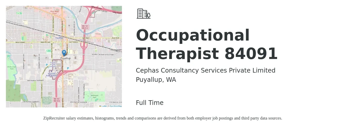 Cephas Consultancy Services Private Limited job posting for a Occupational Therapist 84091 in Puyallup, WA with a salary of $43 to $57 Hourly with a map of Puyallup location.