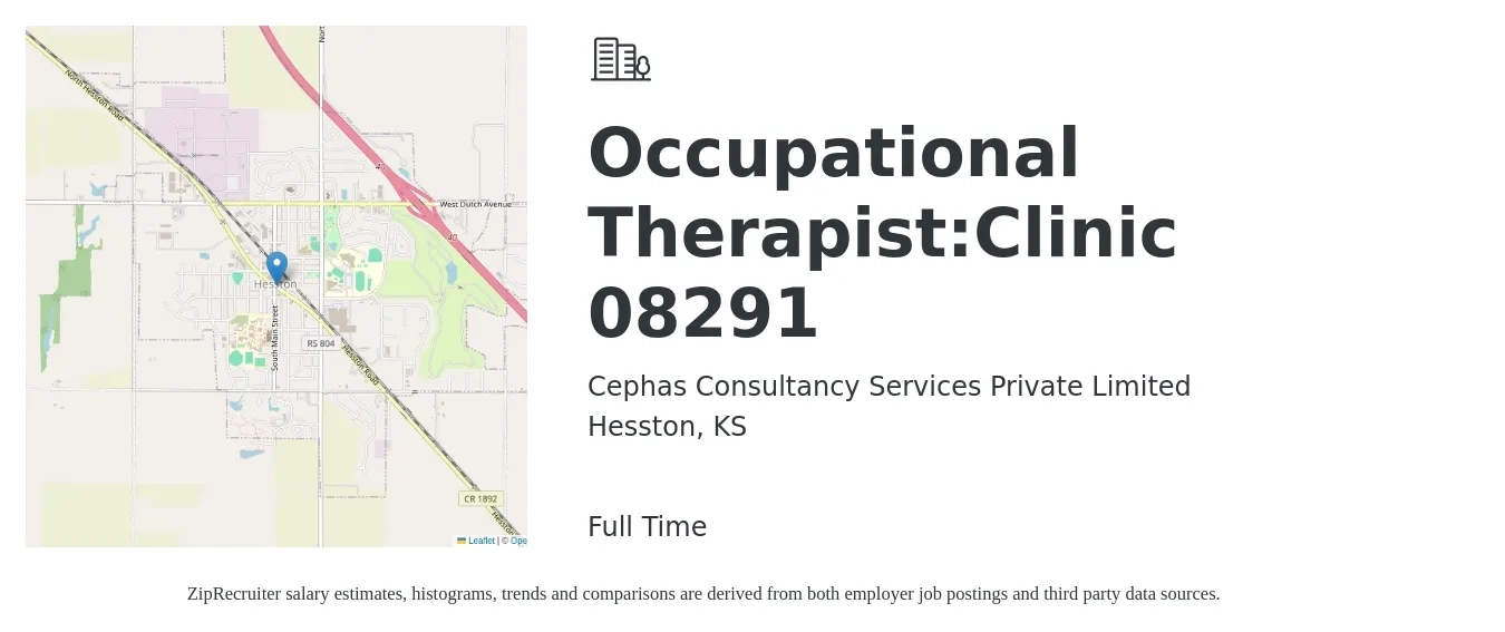 Cephas Consultancy Services Private Limited job posting for a Occupational Therapist:Clinic 08291 in Hesston, KS with a salary of $36 to $47 Hourly with a map of Hesston location.