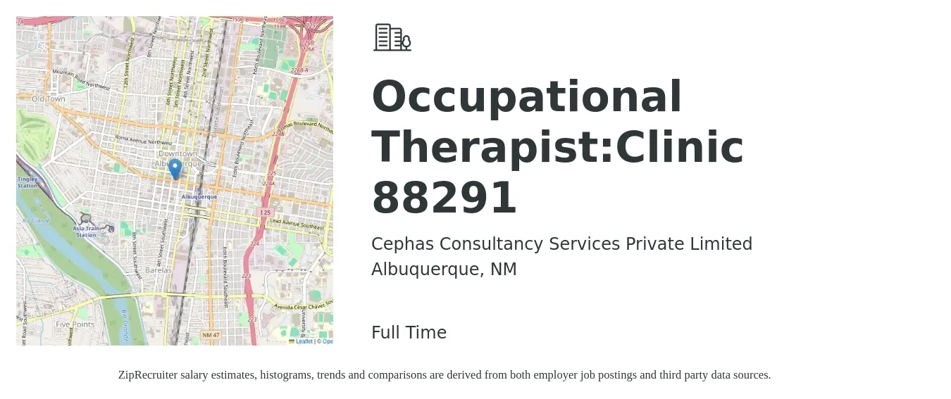 Cephas Consultancy Services Private Limited job posting for a Occupational Therapist:Clinic 88291 in Albuquerque, NM with a salary of $39 to $51 Hourly with a map of Albuquerque location.