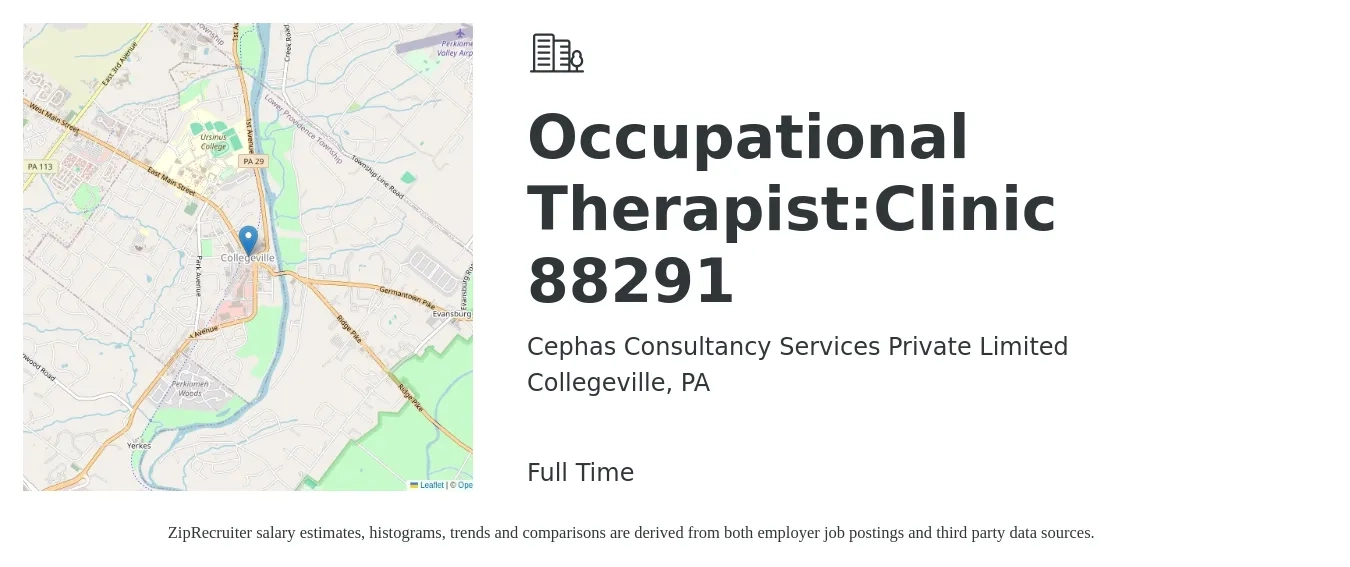 Cephas Consultancy Services Private Limited job posting for a Occupational Therapist:Clinic 88291 in Collegeville, PA with a salary of $40 to $52 Hourly with a map of Collegeville location.