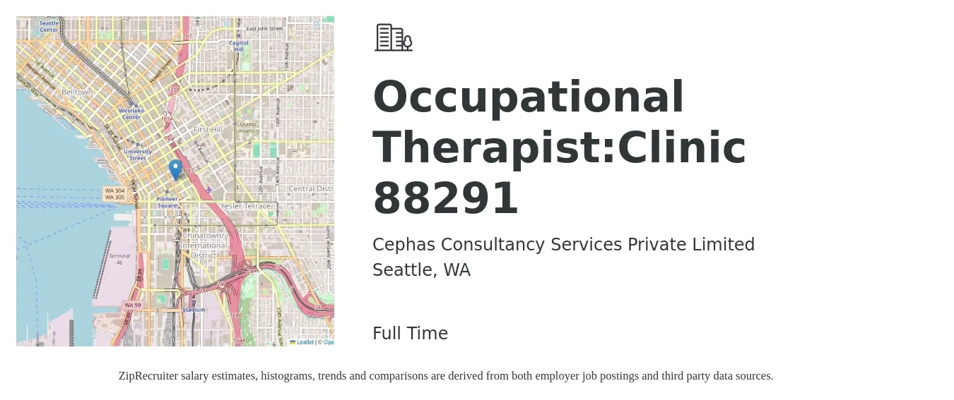 Cephas Consultancy Services Private Limited job posting for a Occupational Therapist:Clinic 88291 in Seattle, WA with a salary of $46 to $60 Hourly with a map of Seattle location.