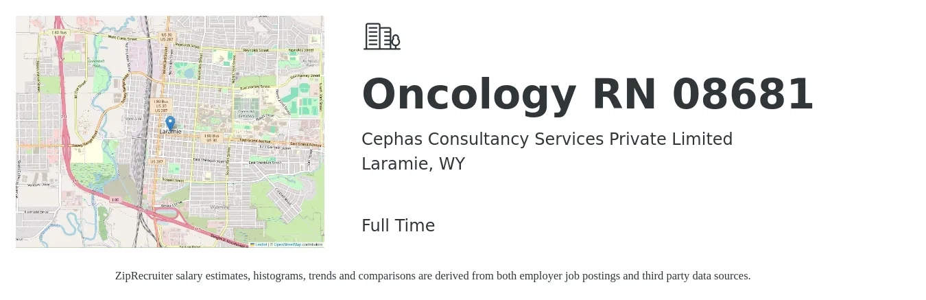 Cephas Consultancy Services Private Limited job posting for a Oncology RN 08681 in Laramie, WY with a salary of $40 to $68 Hourly with a map of Laramie location.