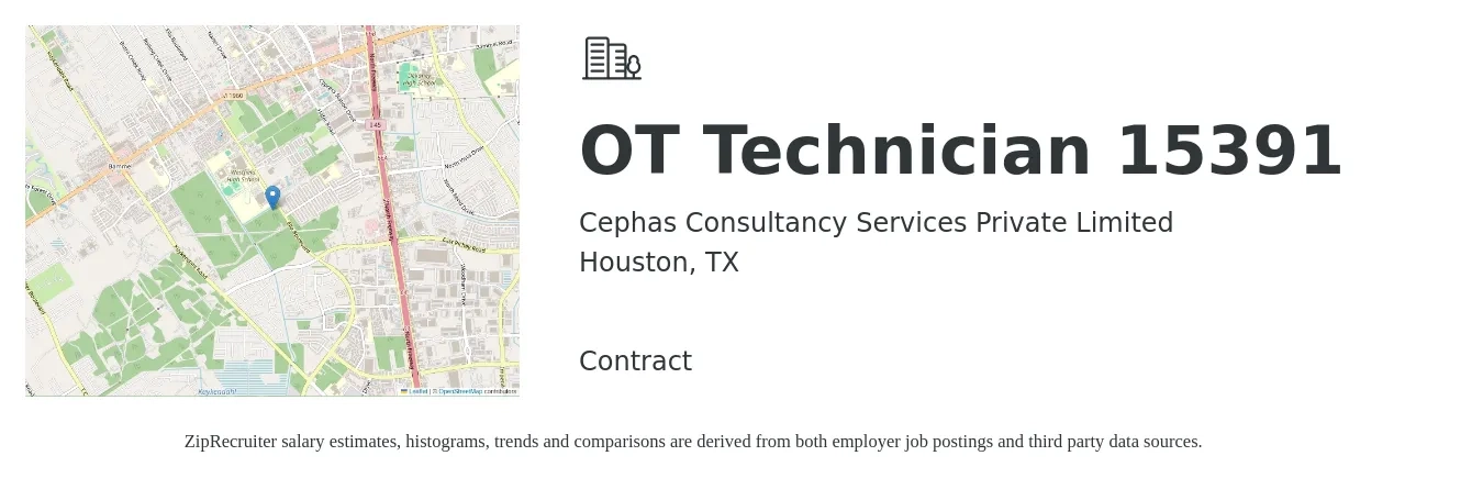 Cephas Consultancy Services Private Limited job posting for a OT Technician 15391 in Houston, TX with a salary of $18 to $24 Hourly with a map of Houston location.