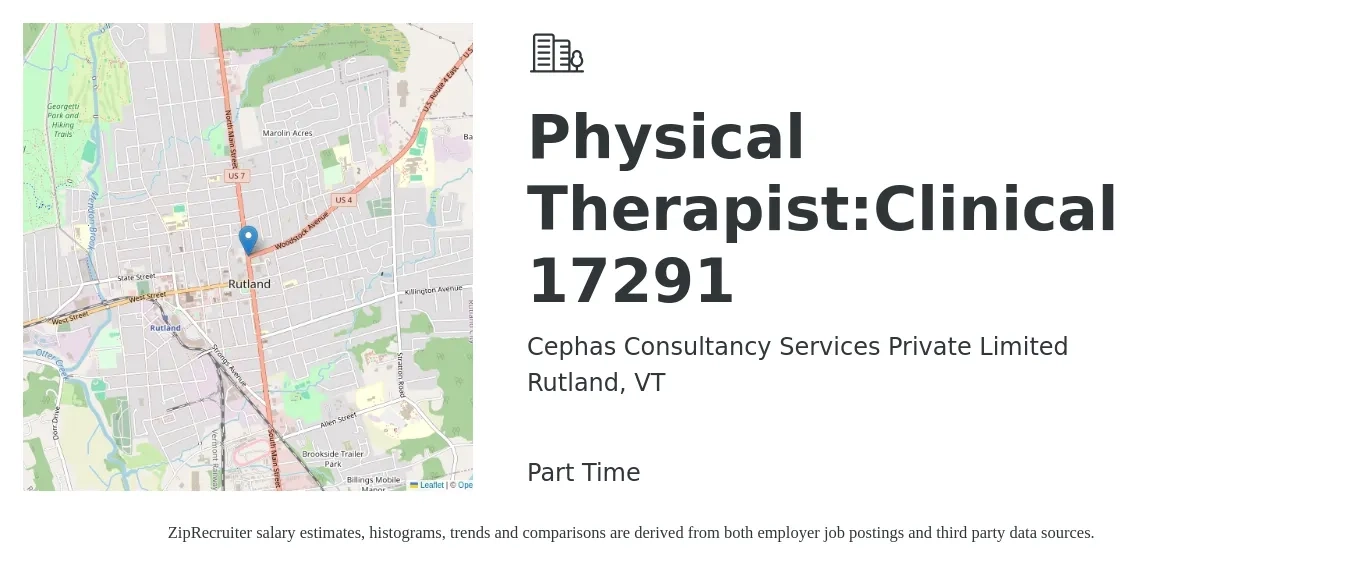 Cephas Consultancy Services Private Limited job posting for a Physical Therapist:Clinical 17291 in Rutland, VT with a salary of $1,700 to $2,200 Weekly with a map of Rutland location.