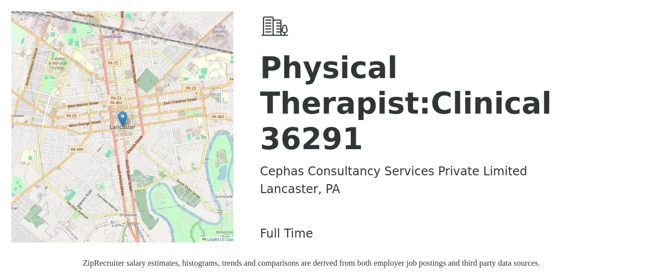 Cephas Consultancy Services Private Limited job posting for a Physical Therapist:Clinical 36291 in Lancaster, PA with a salary of $1,610 to $2,090 Weekly with a map of Lancaster location.