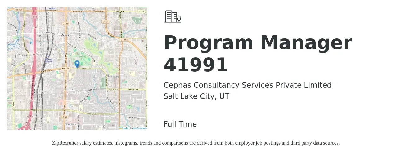 Cephas Consultancy Services Private Limited job posting for a Program Manager 41991 in Salt Lake City, UT with a salary of $76,900 to $128,200 Yearly with a map of Salt Lake City location.