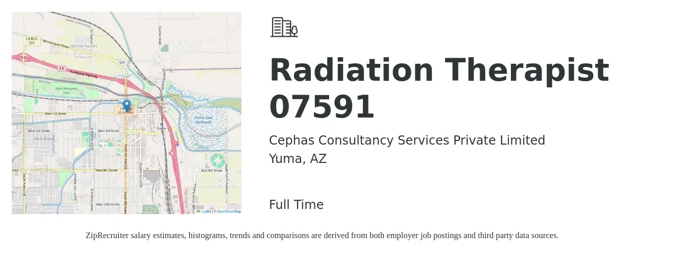 Cephas Consultancy Services Private Limited job posting for a Radiation Therapist 07591 in Yuma, AZ with a salary of $1,510 to $2,550 Weekly with a map of Yuma location.