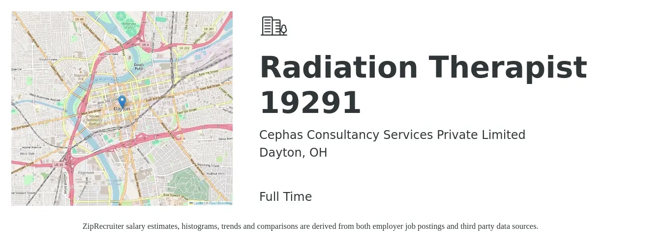 Cephas Consultancy Services Private Limited job posting for a Radiation Therapist 19291 in Dayton, OH with a salary of $1,490 to $2,510 Weekly with a map of Dayton location.