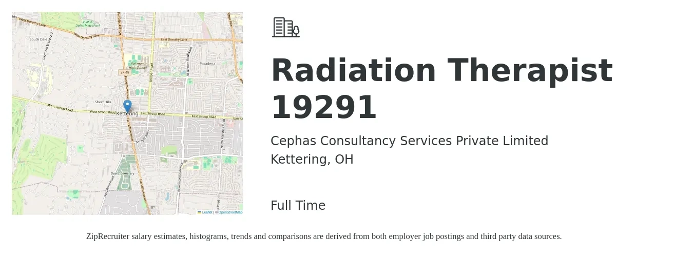 Cephas Consultancy Services Private Limited job posting for a Radiation Therapist 19291 in Kettering, OH with a salary of $1,360 to $2,300 Weekly with a map of Kettering location.