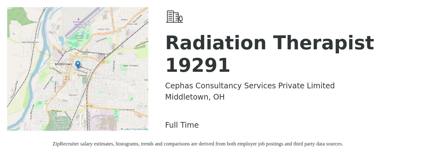 Cephas Consultancy Services Private Limited job posting for a Radiation Therapist 19291 in Middletown, OH with a salary of $1,450 to $2,450 Weekly with a map of Middletown location.