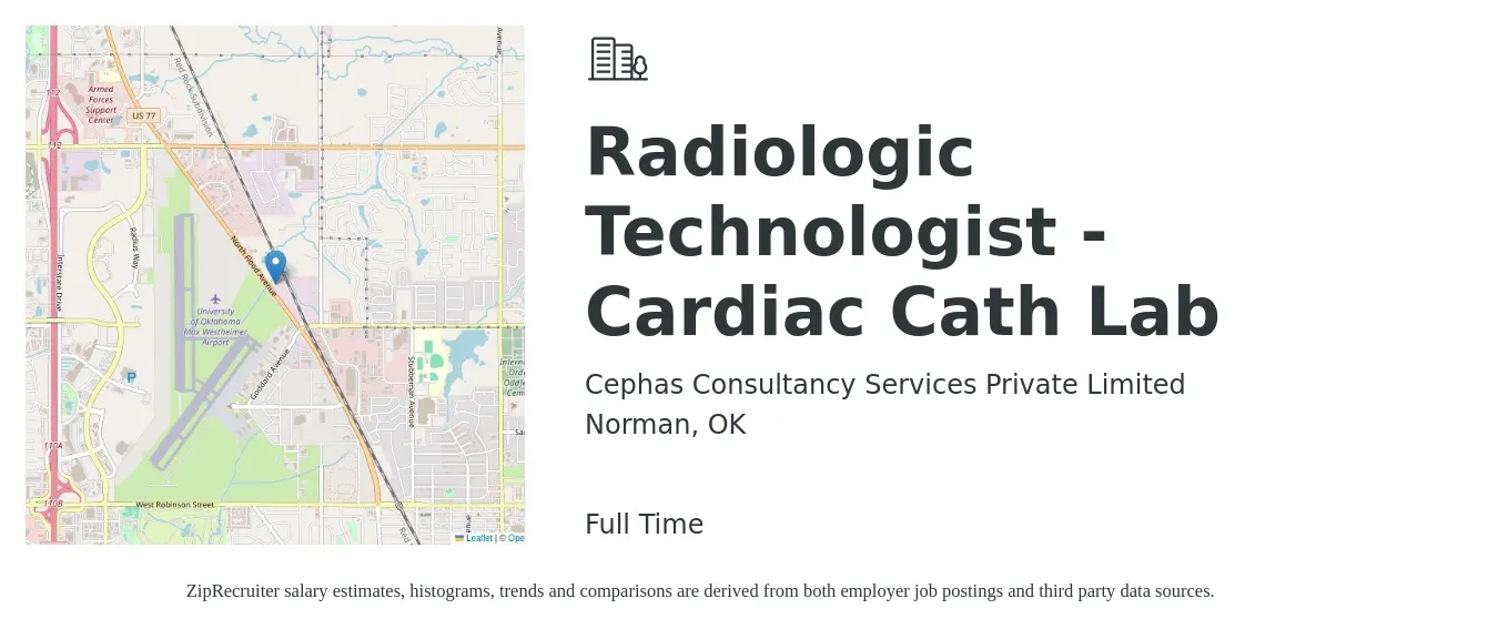 Cephas Consultancy Services Private Limited job posting for a Radiologic Technologist - Cardiac Cath Lab in Norman, OK with a salary of $32 to $54 Hourly with a map of Norman location.
