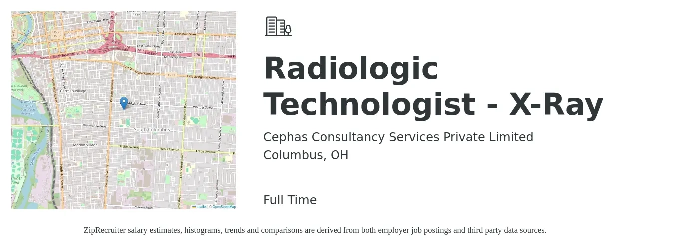 Cephas Consultancy Services Private Limited job posting for a Radiologic Technologist - X-Ray in Columbus, OH with a salary of $1,210 to $2,120 Weekly with a map of Columbus location.