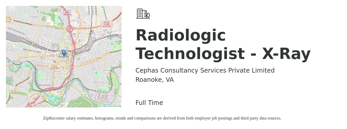 Cephas Consultancy Services Private Limited job posting for a Radiologic Technologist - X-Ray in Roanoke, VA with a salary of $1,230 to $2,150 Weekly with a map of Roanoke location.