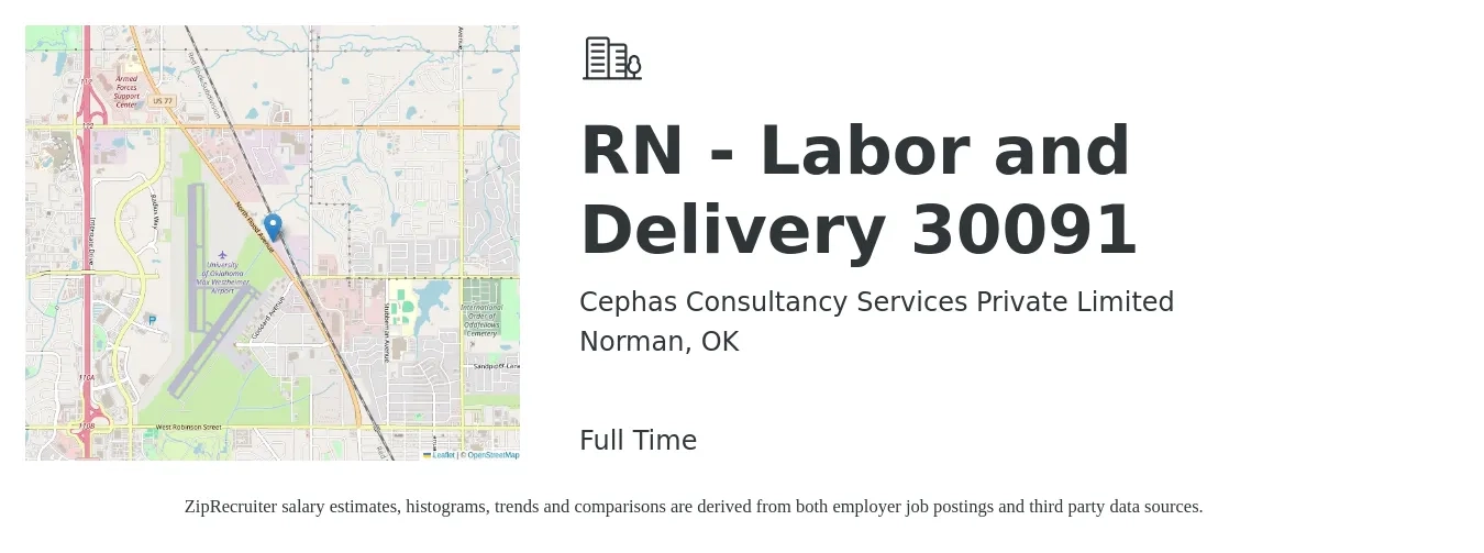 Cephas Consultancy Services Private Limited job posting for a RN - Labor and Delivery 30091 in Norman, OK with a salary of $1,790 to $2,610 Weekly with a map of Norman location.