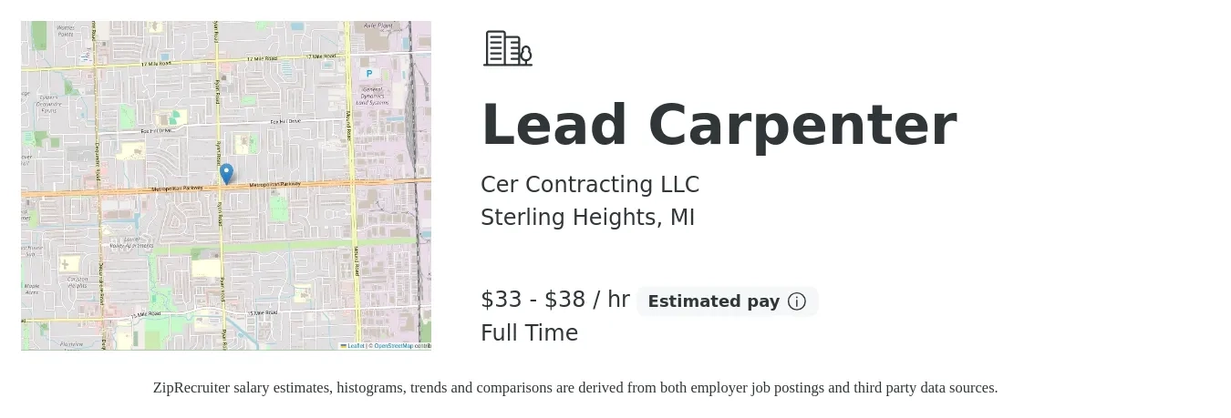 Cer Contracting LLC job posting for a Lead Carpenter in Sterling Heights, MI with a salary of $35 to $40 Hourly with a map of Sterling Heights location.