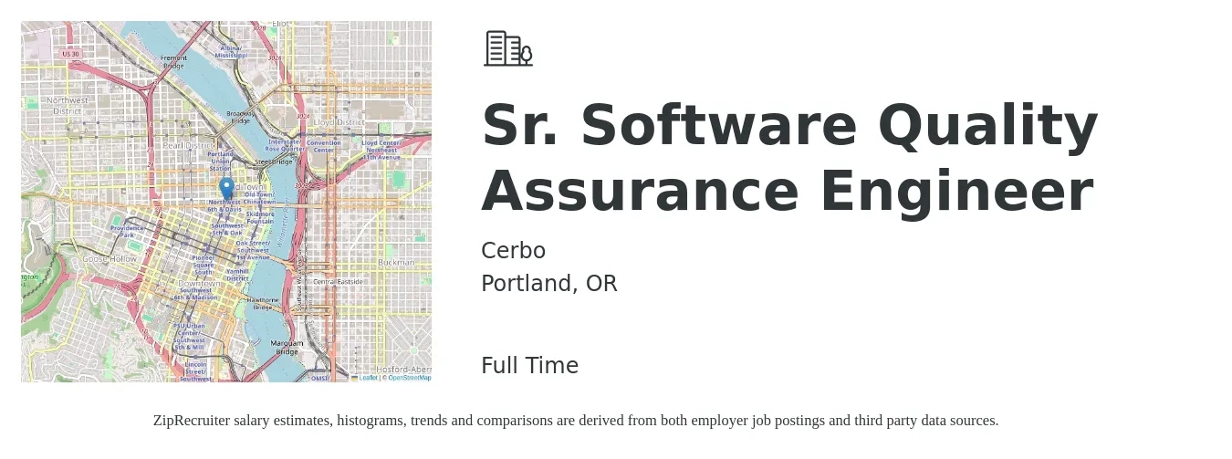 Cerbo job posting for a Sr. Software Quality Assurance Engineer in Portland, OR with a salary of $108,000 to $145,600 Yearly with a map of Portland location.