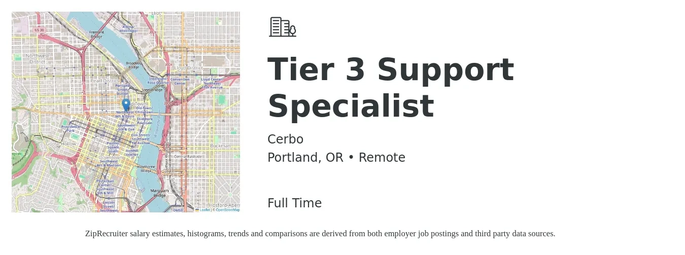 Cerbo job posting for a Tier 3 Support Specialist in Portland, OR with a salary of $20 to $31 Hourly with a map of Portland location.
