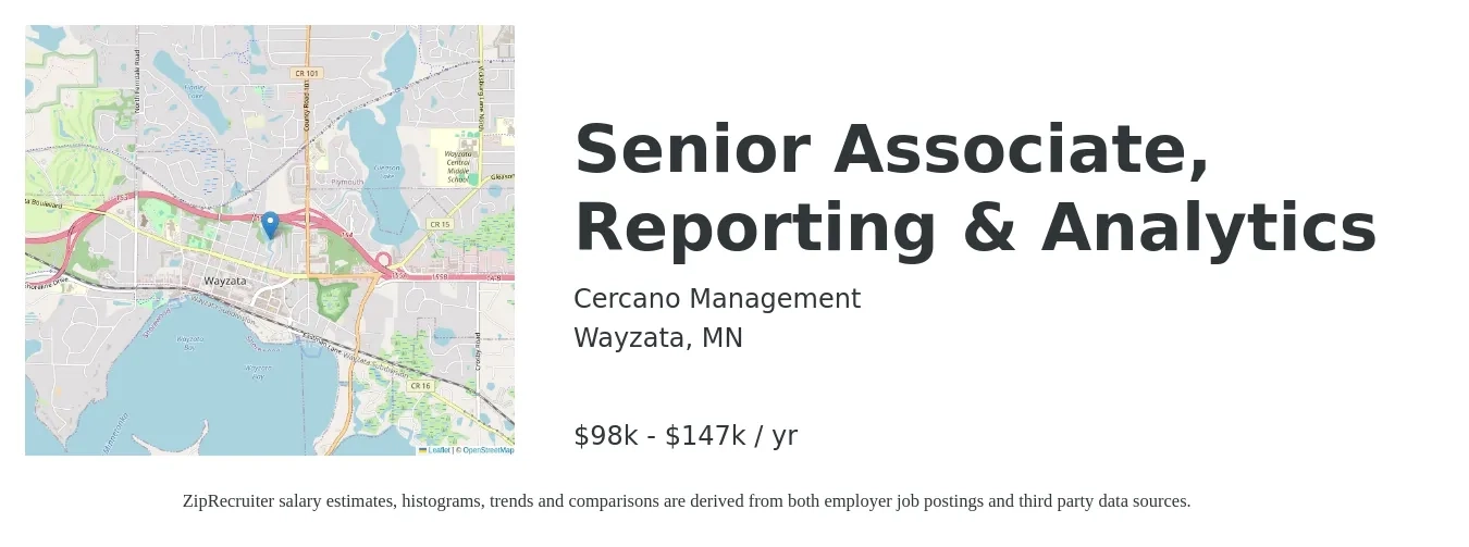 Cercano Management job posting for a Senior Associate, Reporting & Analytics in Wayzata, MN with a salary of $98,000 to $147,000 Yearly with a map of Wayzata location.