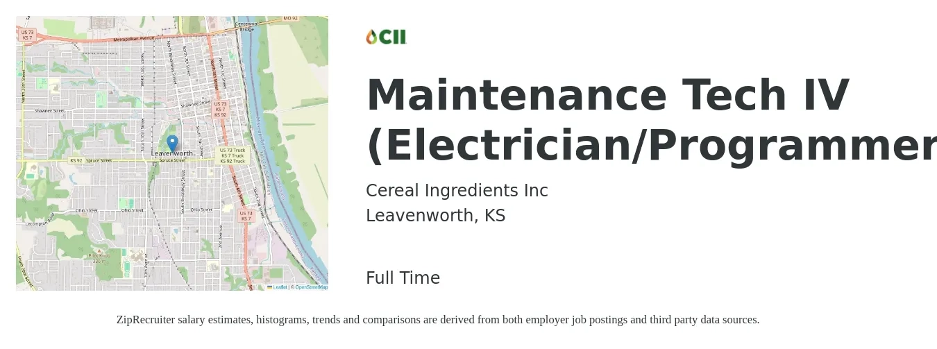 Cereal Ingredients Inc job posting for a Maintenance Tech IV (Electrician/Programmer) in Leavenworth, KS with a salary of $27 to $34 Hourly with a map of Leavenworth location.