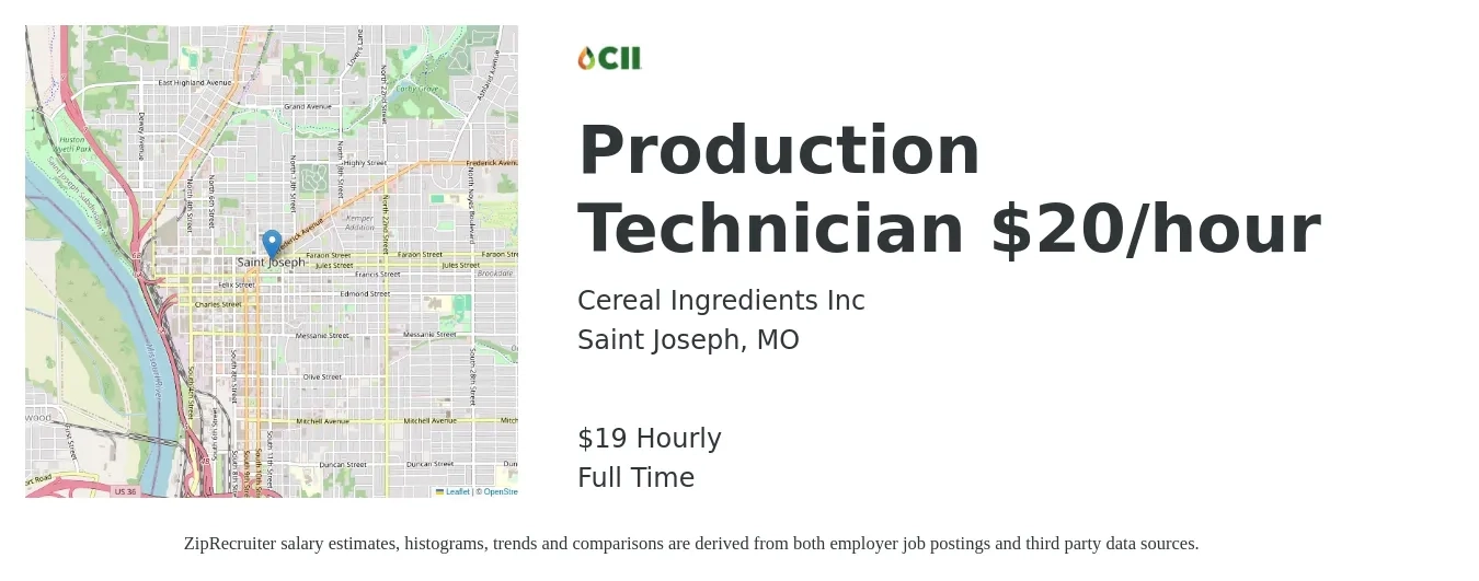 Cereal Ingredients Inc job posting for a Production Technician $20/hour in Saint Joseph, MO with a salary of $20 Hourly with a map of Saint Joseph location.