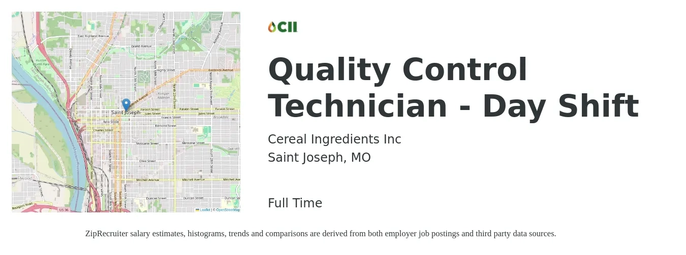 Cereal Ingredients Inc job posting for a Quality Control Technician - Day Shift in Saint Joseph, MO with a salary of $16 to $20 Hourly with a map of Saint Joseph location.