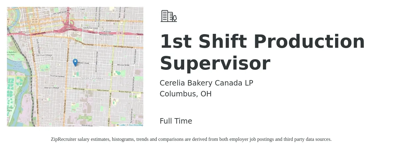 Cerelia Bakery Canada LP job posting for a 1st Shift Production Supervisor in Columbus, OH with a salary of $54,100 to $77,800 Yearly with a map of Columbus location.