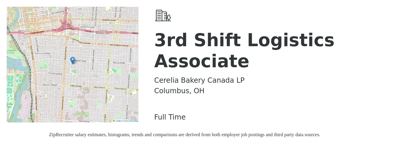 Cerelia Bakery Canada LP job posting for a 3rd Shift Logistics Associate in Columbus, OH with a salary of $18 to $24 Hourly with a map of Columbus location.