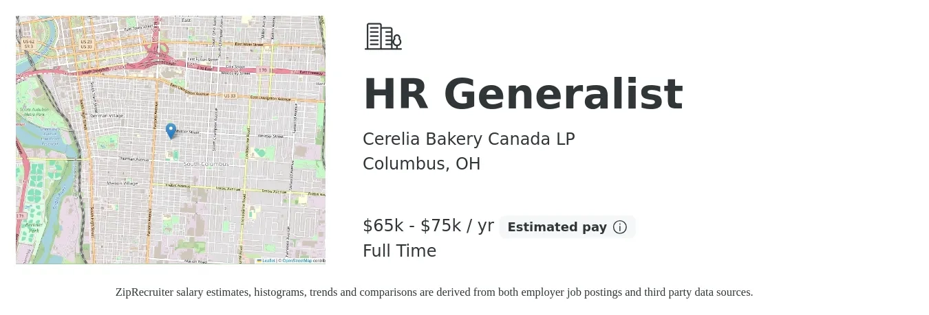Cerelia Bakery Canada LP job posting for a HR Generalist in Columbus, OH with a salary of $65,000 to $75,000 Yearly with a map of Columbus location.