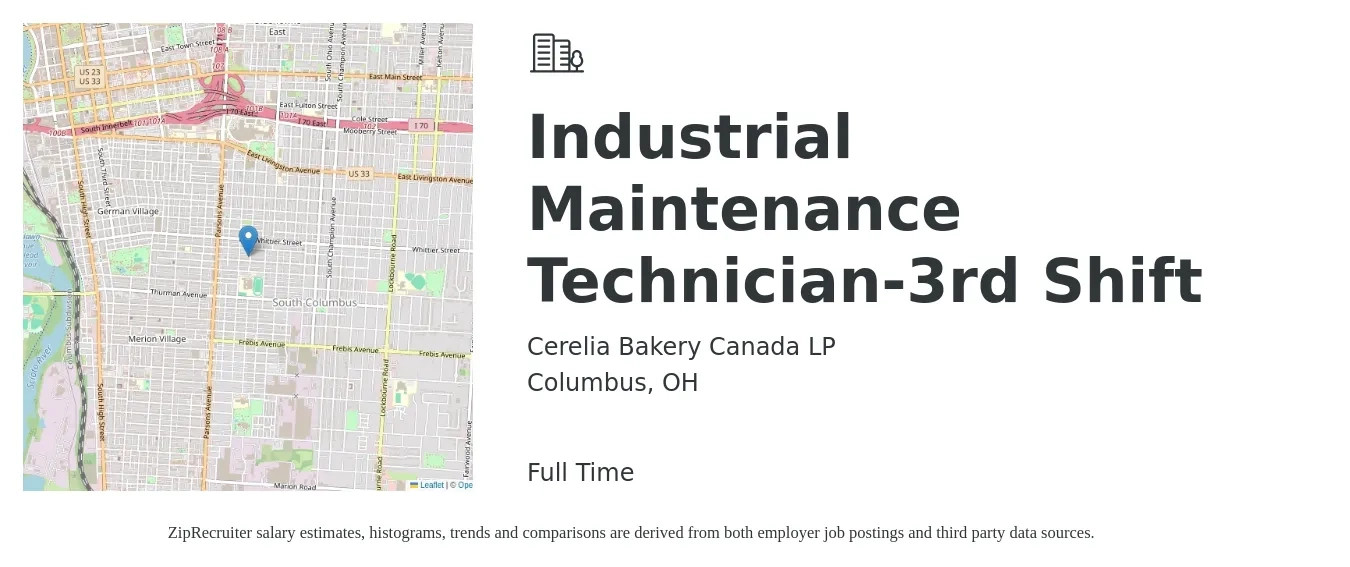 Cerelia Bakery Canada LP job posting for a Industrial Maintenance Technician-3rd Shift in Columbus, OH with a salary of $24 to $31 Hourly with a map of Columbus location.