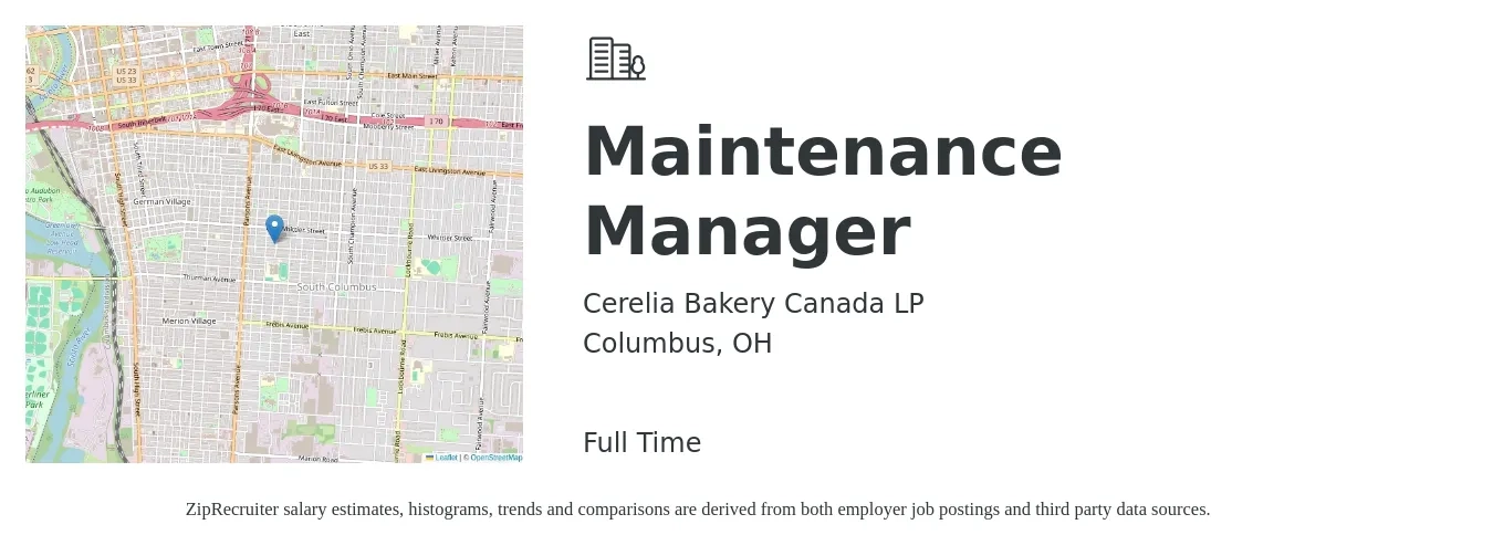 Cerelia Bakery Canada LP job posting for a Maintenance Manager in Columbus, OH with a salary of $23 to $38 Hourly with a map of Columbus location.