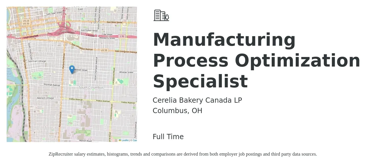 Cerelia Bakery Canada LP job posting for a Manufacturing Process Optimization Specialist in Columbus, OH with a salary of $69,500 to $99,500 Yearly with a map of Columbus location.