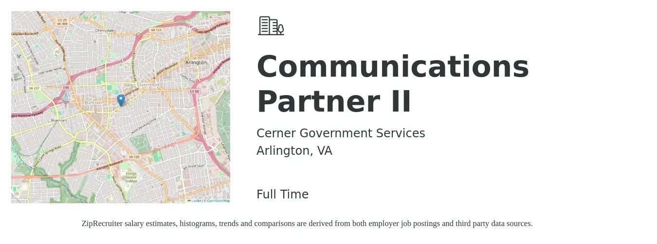Cerner Government Services job posting for a Communications Partner II in Arlington, VA with a salary of $56,400 to $84,000 Yearly with a map of Arlington location.