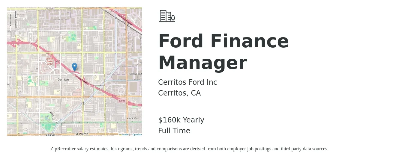 Cerritos Ford Inc job posting for a Ford Finance Manager in Cerritos, CA with a salary of $160,000 Yearly with a map of Cerritos location.