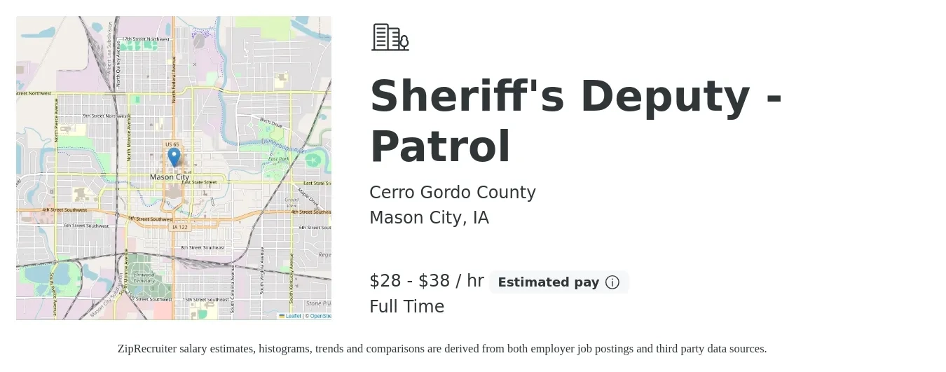 Cerro Gordo County job posting for a Sheriff's Deputy - Patrol in Mason City, IA with a salary of $30 to $40 Hourly with a map of Mason City location.
