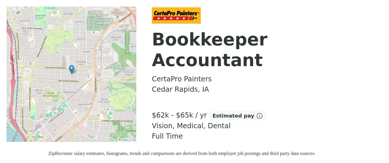 CertaPro Painters job posting for a Bookkeeper Accountant in Cedar Rapids, IA with a salary of $62,000 to $65,000 Yearly (plus commission) and benefits including dental, life_insurance, medical, pto, retirement, and vision with a map of Cedar Rapids location.