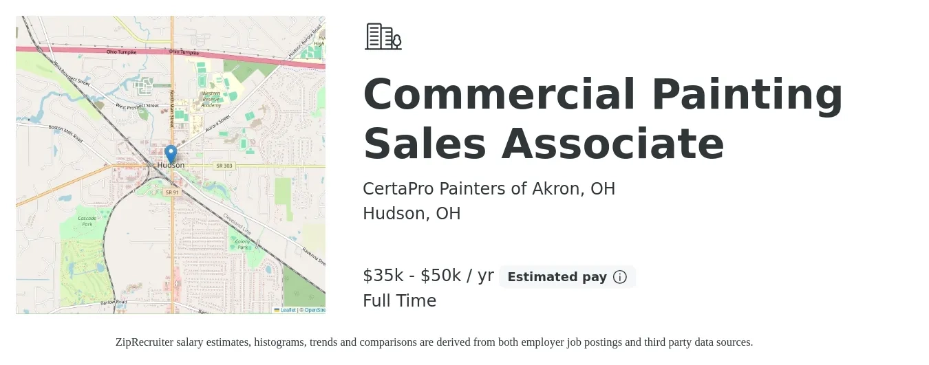 CertaPro Painters of Akron, OH job posting for a Commercial Painting Sales Associate in Hudson, OH with a salary of $35,000 to $50,000 Yearly with a map of Hudson location.