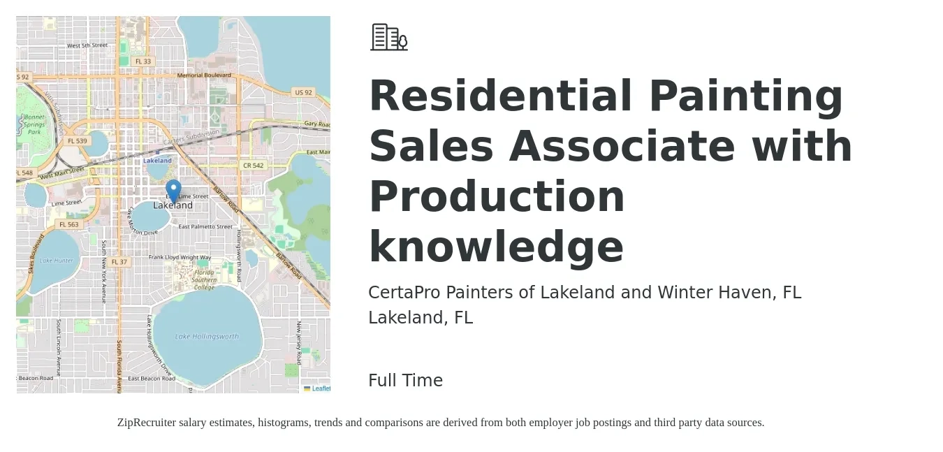 CertaPro Painters of Lakeland and Winter Haven, FL job posting for a Residential Painting Sales Associate with Production knowledge in Lakeland, FL with a salary of $37,700 to $57,800 Yearly with a map of Lakeland location.