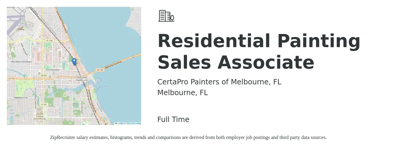 CertaPro Painters of Melbourne, FL job posting for a Residential Painting Sales Associate in Melbourne, FL with a salary of $38,900 to $59,700 Yearly with a map of Melbourne location.