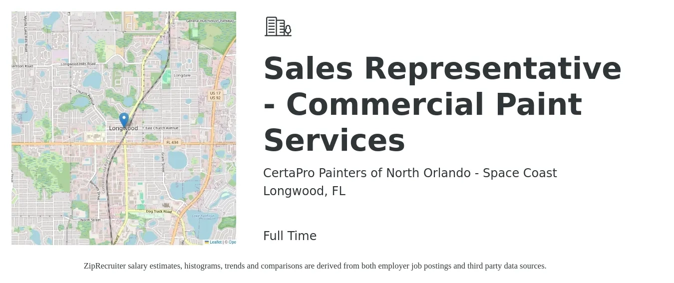 CertaPro Painters of North Orlando - Space Coast job posting for a Sales Representative - Commercial Paint Services in Longwood, FL with a salary of $39,600 to $57,500 Yearly with a map of Longwood location.