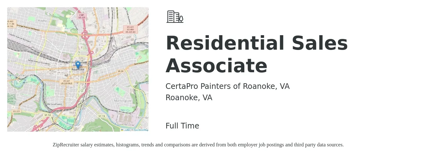 CertaPro Painters of Roanoke, VA job posting for a Residential Sales Associate in Roanoke, VA with a salary of $3,000 to $4,000 Monthly with a map of Roanoke location.