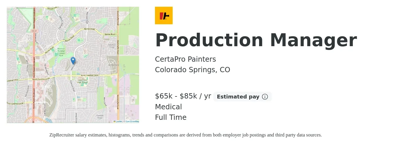 CertaPro Painters job posting for a Production Manager in Colorado Springs, CO with a salary of $65,000 to $85,000 Yearly and benefits including retirement, and medical with a map of Colorado Springs location.