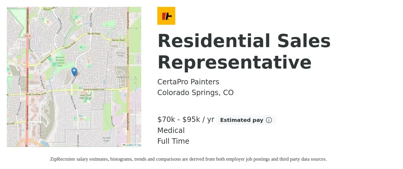 CertaPro Painters job posting for a Residential Sales Representative in Colorado Springs, CO with a salary of $70,000 to $95,000 Yearly and benefits including retirement, and medical with a map of Colorado Springs location.