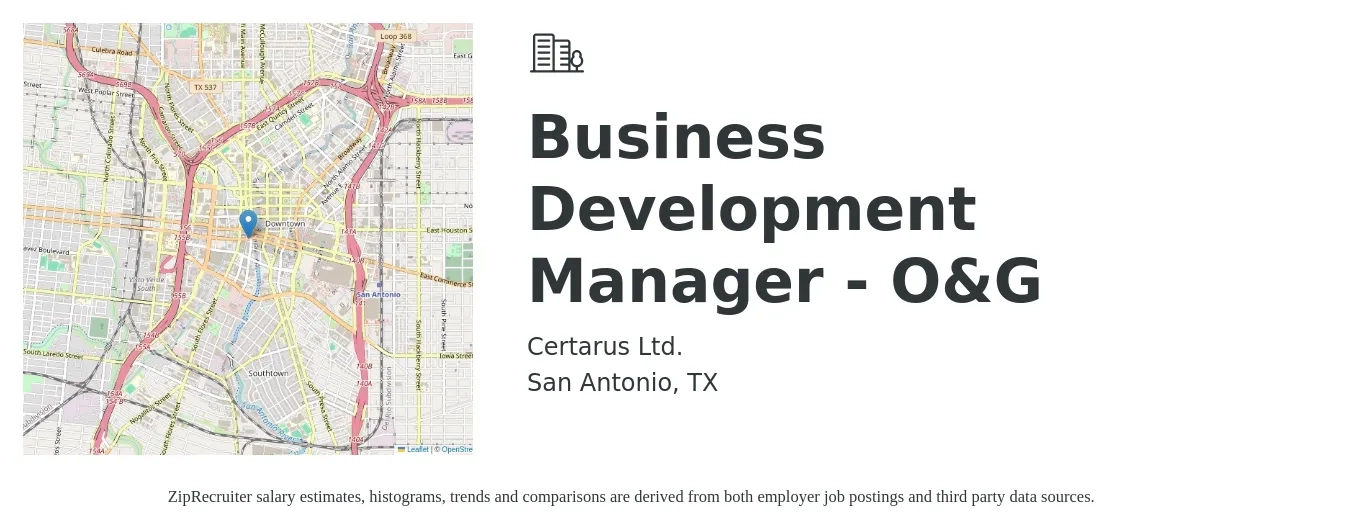Certarus Ltd. job posting for a Business Development Manager - O&G in San Antonio, TX with a salary of $55,000 to $90,200 Yearly with a map of San Antonio location.